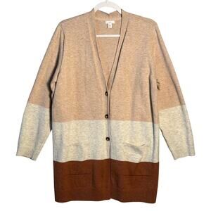 J Jill Sz Large Long Button Front Color Block Cardigan Sweater Neutral Lagenlook